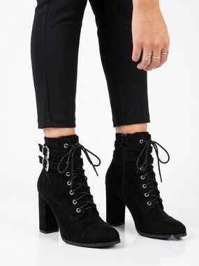 Madden Girl Klaim Black Lace-Up Combat Buckle Block Heel Ankle Boots